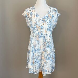 Blue Ditsy Floral Tiered V Neck Mini Dress Medium